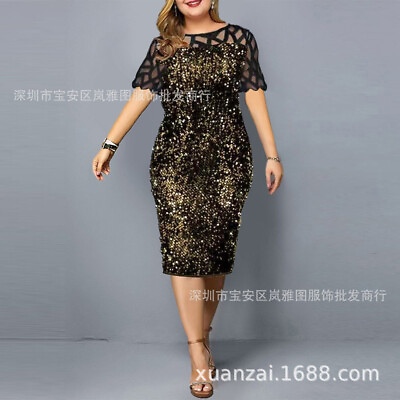 #ad Women#x27;s Large Size Personality Sequined Shoulder Cutout Short Sleeve Dress $39.26
