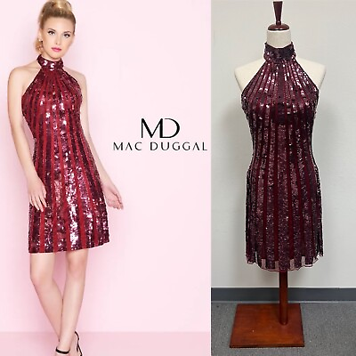 #ad Mac Duggal Mini Sequin Striped Halter Neck Dress Cocktail Size 10 Open Back $175.00