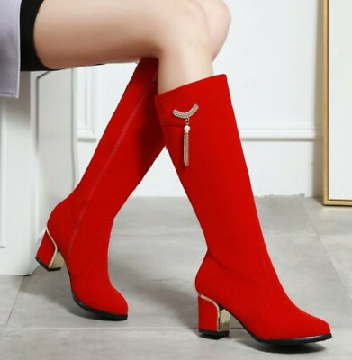 #ad Women#x27;s Mid Calf Boots Suede Fabric Black Mid Block Heel Casual Zip Shoes Trendy $59.98