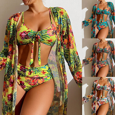 Women#x27;s Three Piece Swimsuit Printed Bikini Set With Cover Up Beach Holiday Wear $21.99