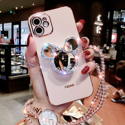 Cute Bling Mirror Holder Phone Case w Chain for iPhone 14 13 Pro Max 12 11 XS XR $10.99