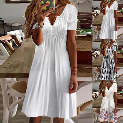 #ad Womens V Neck Floral Boho Midi Dress Ladies Summer Holiday Beach Swing Sundress $13.96