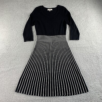 Kasper Sweater Dress Womens Large Black White Maxi Long Fit Flare Striped Retro $31.98