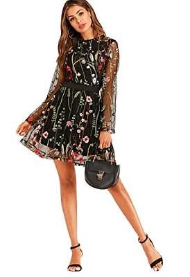 #ad Milumia Womens Floral Embroidery Mesh Round Neck Tunic Party Dress A Black $7.99