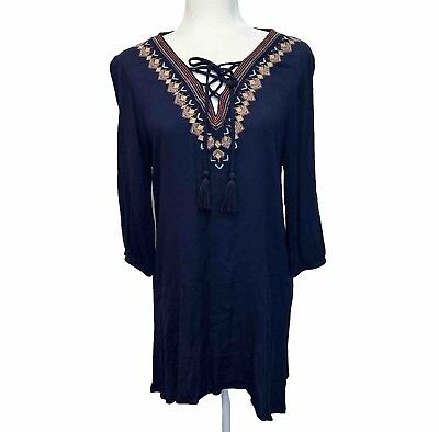 #ad Size Large Floral Embroidered Peasant Dress Boho Blue Mini Stretch Tassels 3 4 $14.52