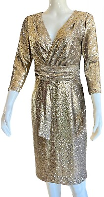 #ad Calvin Klein $168 Gold V Neck Sequin Mesh 3 4 Sleeve Sheath Cocktail Dress NWT $59.98