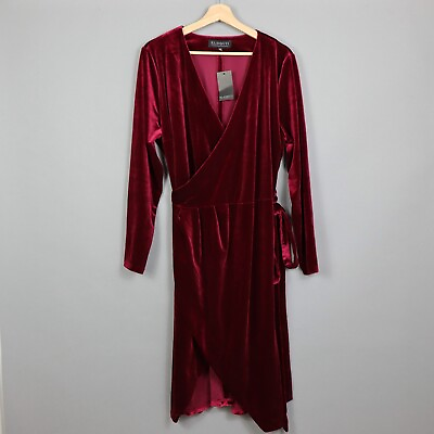 Eloquii Dress Womens Plus 18 Red Velvet Wrap V Neck Date Cocktail Long Sleeve $49.99