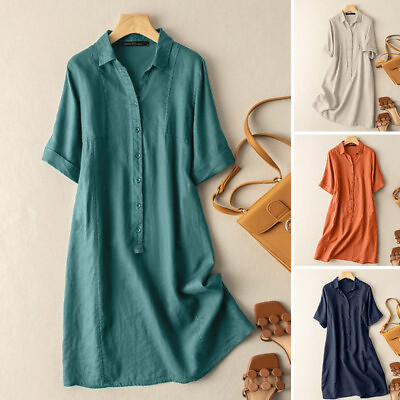 #ad Womens Summer Casual Loose Sundress Short Sleeve Button Up Long Midi Shirt Dress $20.89