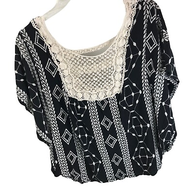 Jeanette Plus Boho Embroidered Top Black Cream USA Plus Size 1X lace crochet $14.99