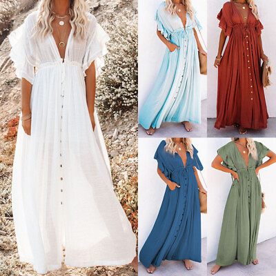 Women Sundress Dress Cover Up Maxi Dress Beachwear Beach Dress Holiday Buttons $16.06