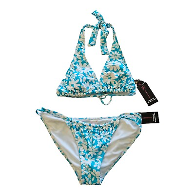 #ad Juniors Halter Swimsuit Bikini Floral White Blue Flower Sz XL 15 17 Womens $18.99