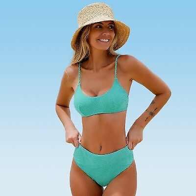 Women#x27;s Ribbed Texture High Waist Bikini Set Swimsuit Cupshe XL Blue $11.99