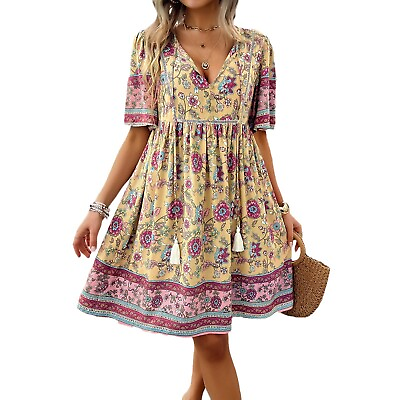 #ad Women’s Casual Floral Print Boho Short Sleeve Summer Dress $25.99