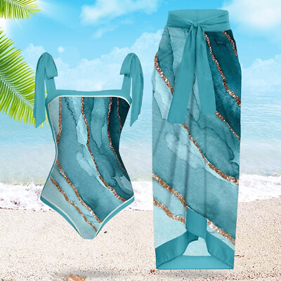 #ad 2Pcs Womens Tops Beach Bathing Suits Print Lace Up Midi Skirt Summer Swimwear $38.23