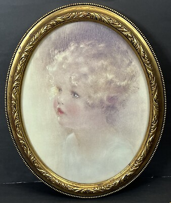 Vintage Oval Gold Framed Cute Young Girl Portrait Blonde Curly Hair Print 16quot; $29.96