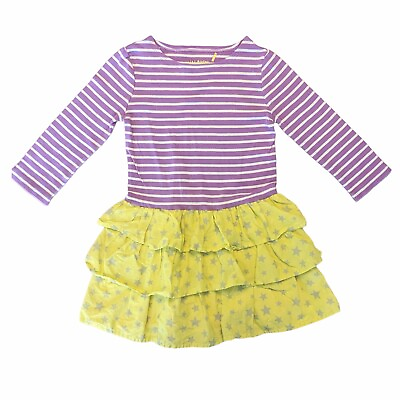 #ad Mini Boden Girls Dress Size 7 8 Purple Stripe Rib Knit Woven Yellow Star Ruffles $19.99