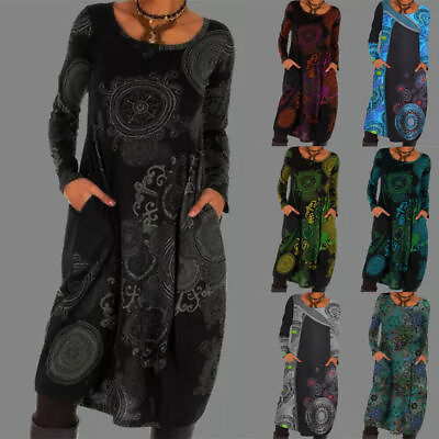 #ad Plus Size Womens Boho Holiday Long Autumn Ladies Gypsy Casual Printed Dress $26.99