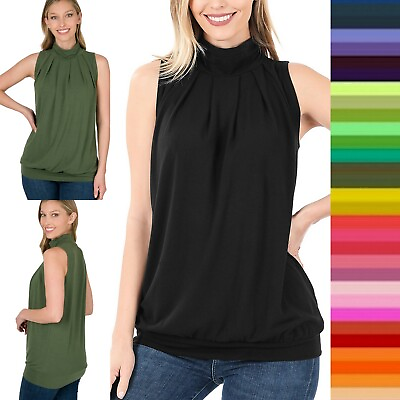 S M L XL Zenana Pleated Top Sleeveless MOCK HIGH NECK Office Work Shirt Blouse $14.75