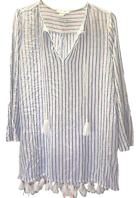 #ad Rachel Zoe Peasant Top Blouse Shirt Boho Medium White Tassel Tie Linen Rayon $19.00