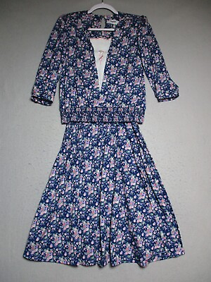 Vintage Skirt Set Womens PM Blue Floral Blouse and Skirt Cottagecore Retro USA $20.98