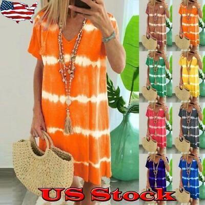 #ad Women Summer Holiday Dress Ladies Boho Beach Loose Tie Dye Sun Dresses Plus Size $18.30