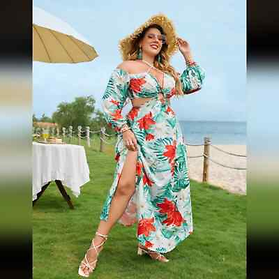 #ad NEW Boho Tropical Floral Halter Slit Maxi Dress Size 1X $35.00