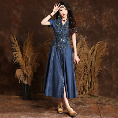 #ad Women#x27;s Denim Dress Embroidered Casual Short Sleeve Cardigan Long Maxi Dress GBP 49.00