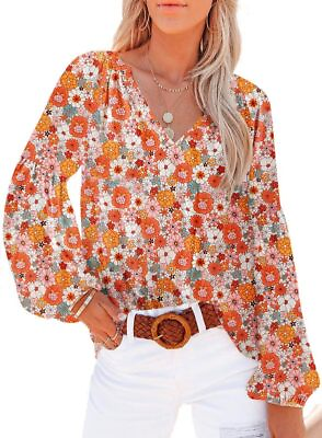 #ad #ad Women#x27;s Casual Boho Floral Print V Neck Long Sleeve Medium 2 New Floral Orange $39.27
