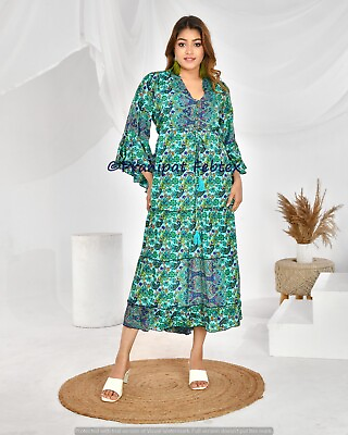 #ad Woman#x27;s Indian Floral Multicolor Print Boho Maxi Dress Long Sleeve Beach Coverup $33.83