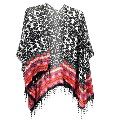 #ad Women#x27;s Kimono Boho Floral Wrap Cover Up Black Tassels One Size Coastal Beach $12.99
