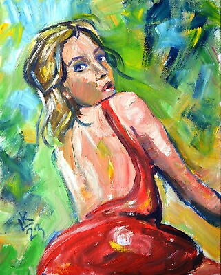 #ad Original oil painting pretty woman in red dress portrait wall art impressionism $375.77