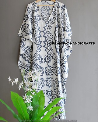 Women Hippie Cotton Summer Sleepwear Ikat Print Gray Long Maxi Caftan Dress $22.31