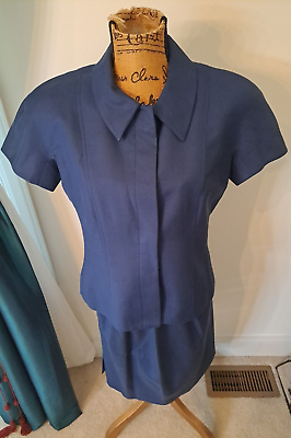 #ad Kelly Graham Womens 12 P 100% Silk Blazer Pencil Skirt Short Sleeve Navy B Suit $89.99