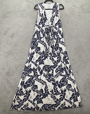 #ad Rachel Pally Maxi Dress Women#x27;s Large Blue White Tie Front Empire Waist Unhemmed $58.99