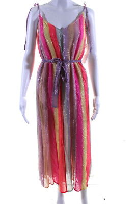 #ad Sundress Womens Cary Marbella Stripe Metallic Belted Midi Dress Pink Green XS S $69.99