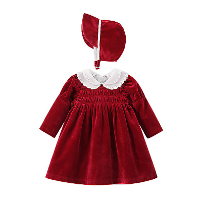 Toddler Baby Girl Christmas Dress Red Velvet Long Sleeve Dress with Hat $6.26