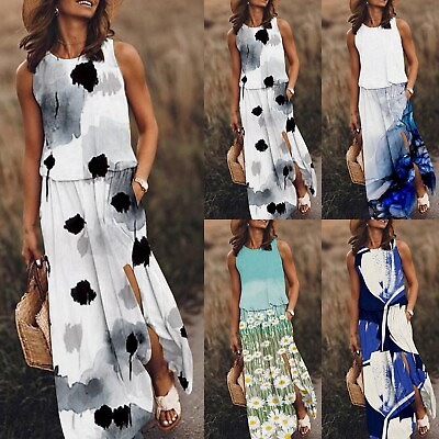 #ad Summer Dress For Women Sleeveless Round Neck Maxi Dresses Solid Color Fork $36.84