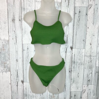 Cupshe green ribbed smocked cheeky bikini set large New $28.00