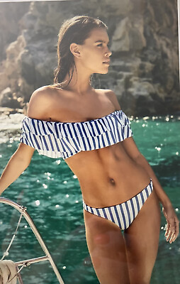 #ad Sexy Bandeau Bikini Top And Skimpy Bottom Striped Blue 3 Pieces Small *** READ $24.99