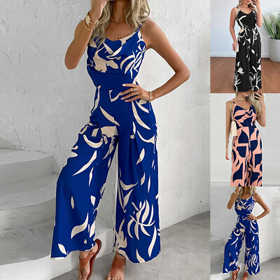 #ad Women Boho Floral Strappy Jumpsuit Summer Beach Holiday Wide Leg Romper Playsuit $28.39