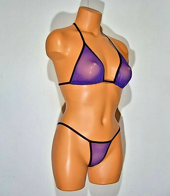 #ad purple spandex very sheer micro mesh banded thong bikini lingerie sunwear set $12.95