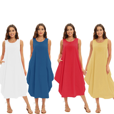Womens Sleeveless Sundress Solid Color Loose Fit Dress O Type Beach Long Dress $14.96