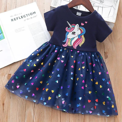 5T Girls Navy Rainbow Unicorn Birthday Party Dress with Shiny Rainbow Hearts $16.99
