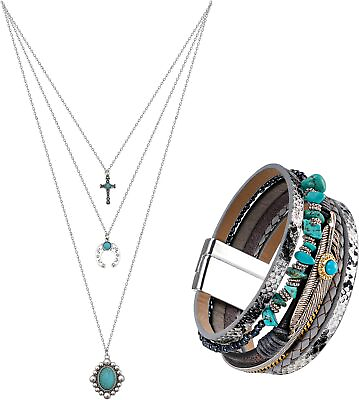 #ad #ad Boho Prom Jewelry Set: Turquoise Cross Necklace amp; Leather Bracelet Western Jew $39.55
