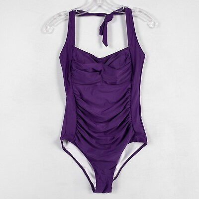 #ad Unbranded One Piece Swimsuit Small Dark Purple Halter Padded Push Up Ruched $11.39