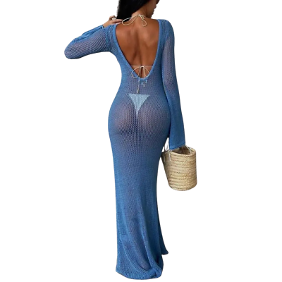 #ad Women Cover Ups Long Knit Beachwear Sexy Backless Long Sleeve Hollow Beach Dress $57.16
