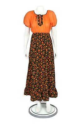 #ad Vintage 70s Cottagecore Calico Floral Vibrant Orange Black Maxi Dress XS S 727 $49.95