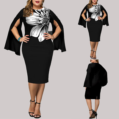 #ad Plus Size Sexy Womens Floral Bodycon Midi Dress Evening Cocktail Party Ball Gown $33.09