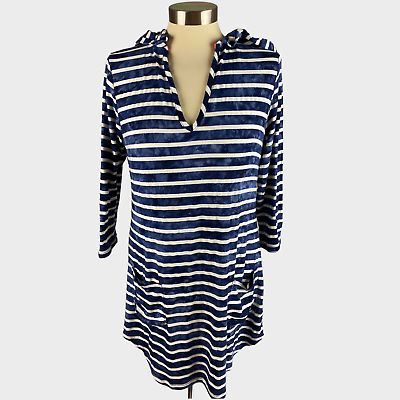 #ad Beach Cover Up Blue White Stripe Pockets Hooded XS $8.00