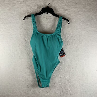 #ad Speedo Swimsuit Women#x27;s 8 Green Stretch Ribbed Built in Bra One Piece 8090 $29.99
